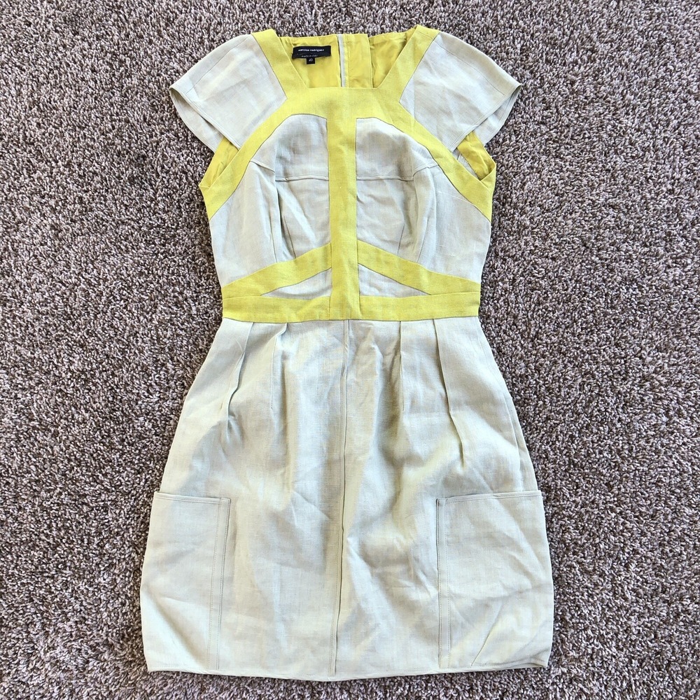 Narciso Rodriguez Linen Fitted Cap Sleeve Dress IT 40 US 4/6 Chartreuse Gray NEW
